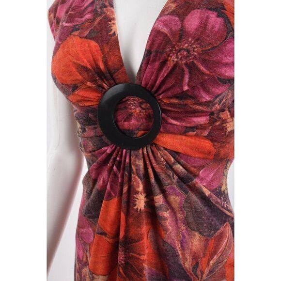 Cache Wool Blend Floral Sheath Dress Sz 2 Twist Front Buckle Red Pink V-Neck NWT - Picture 4 of 6
